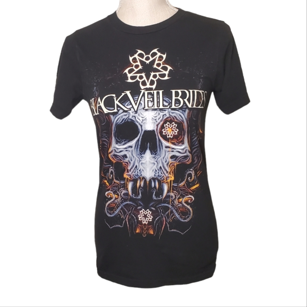 Black Veil Brides black with multi-color front graphic band t-shirt.